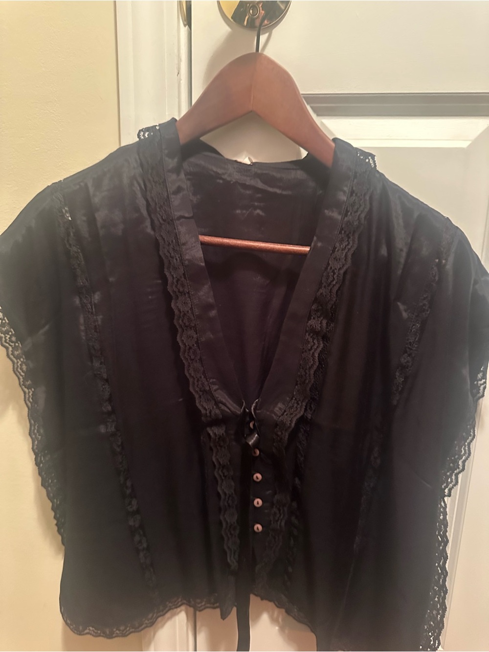 Free People Black Lace-Trimmed Satin Blouse